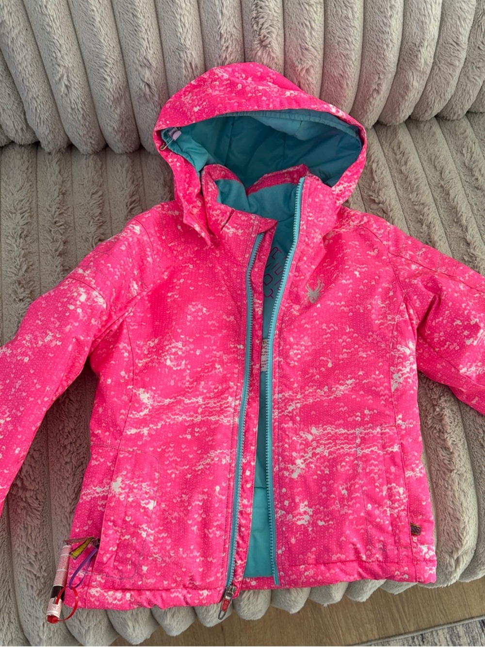 Spyder Bright Pink Girls' Hooded Puffer Jacket with Teal Lining